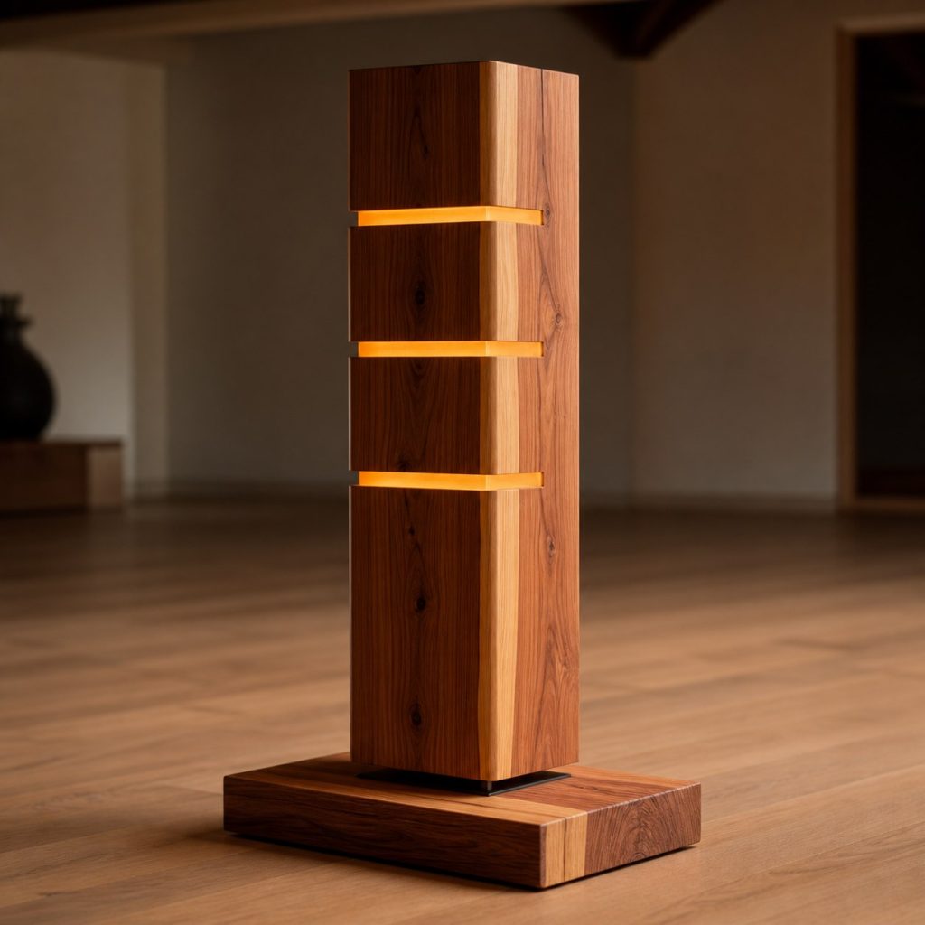 Carved-Band Cedar Floor Column shown as an original square photorealistic solid cedar lamp dominated by real timber grain and warm diffused LED light