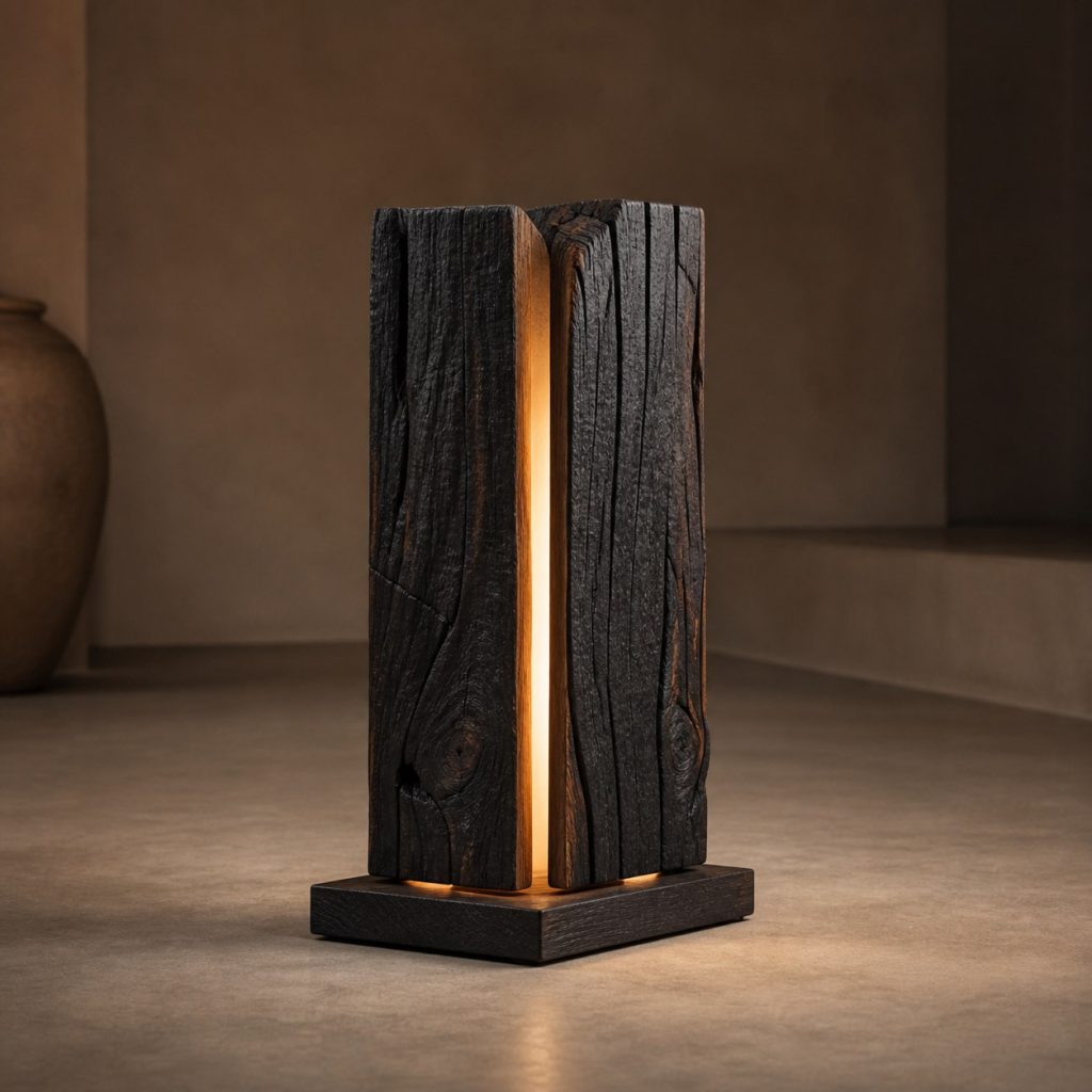 Blackened Oak Split-Block Lamp shown as an original square photorealistic charred wood lamp dominated by authentic wood texture and warm diffused light