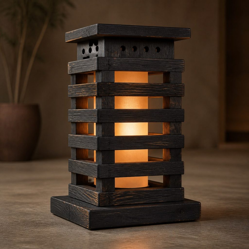 Charred Ash Slat Lantern shown as an original square photorealistic charred wood lamp dominated by authentic wood texture and warm diffused light