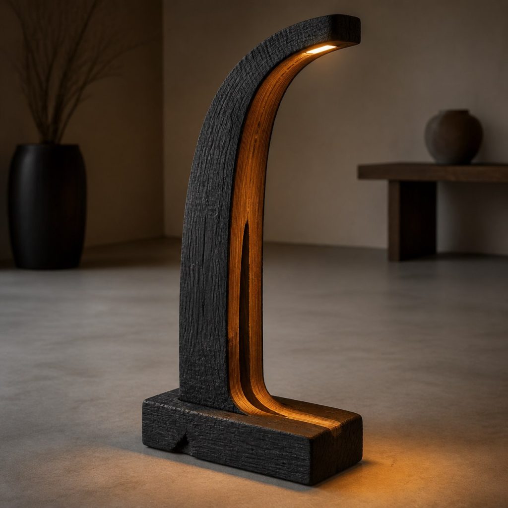 Charred Cedar Arch Lamp shown as an original square photorealistic charred wood lamp dominated by authentic wood texture and warm diffused light
