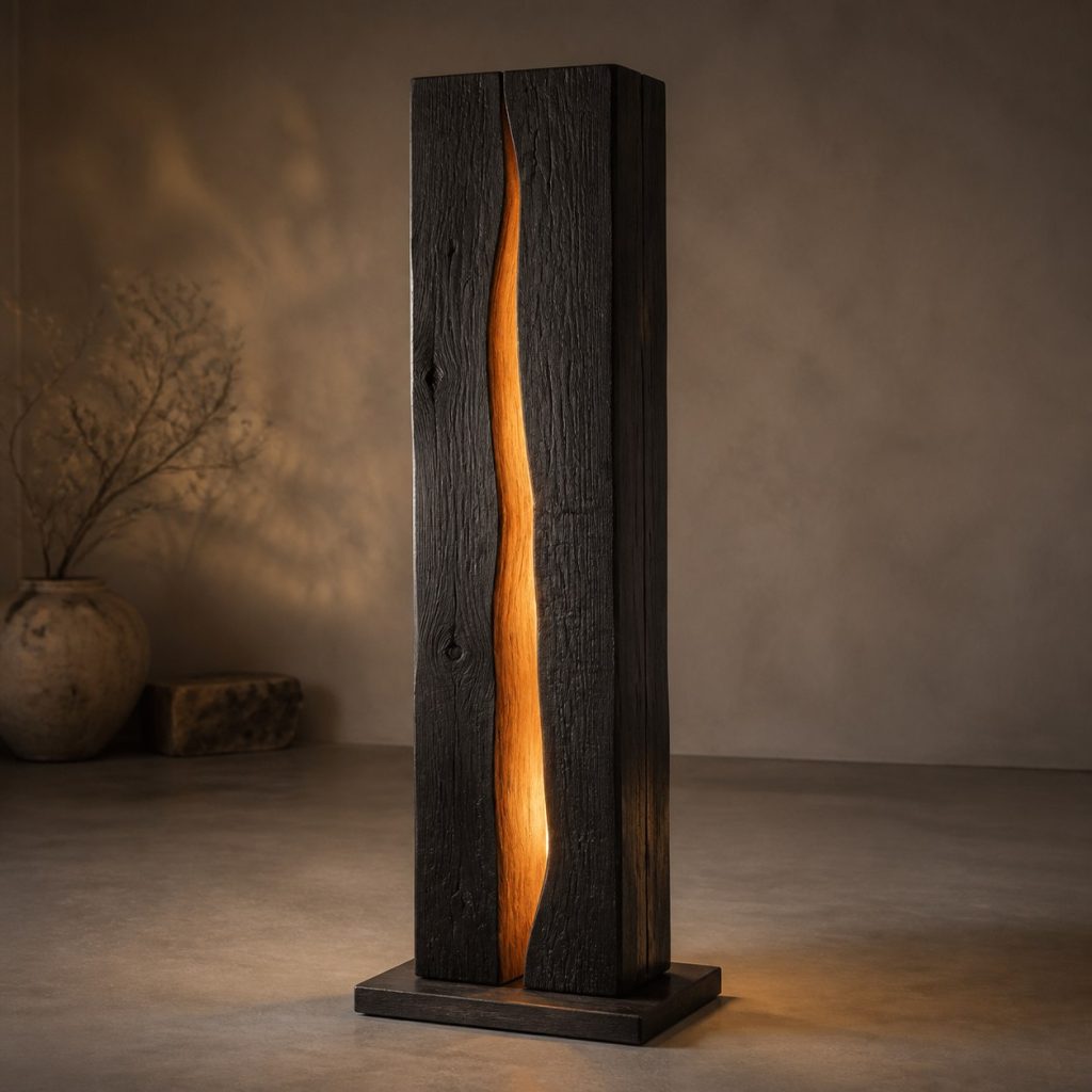 Charred Walnut Monolith Lamp shown as an original square photorealistic charred wood lamp dominated by authentic wood texture and warm diffused light