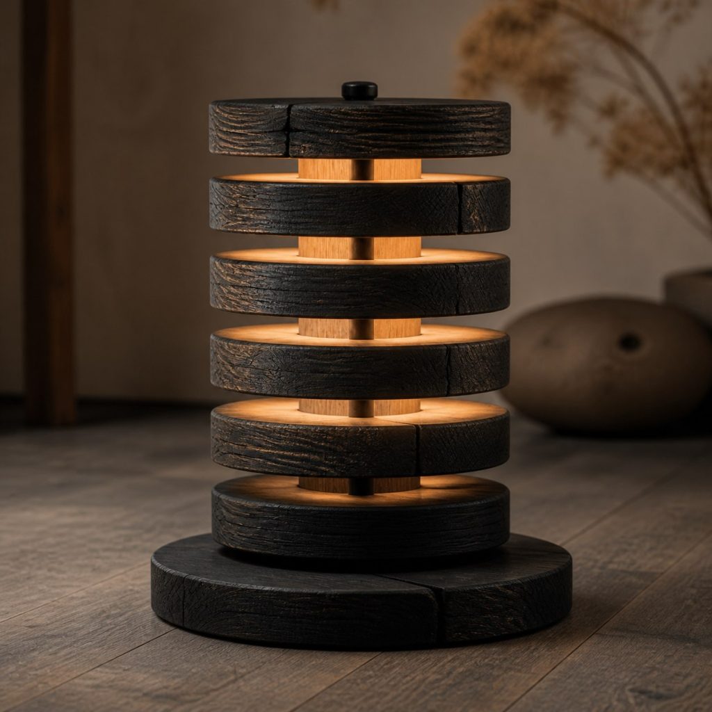 Blackened Pine Stacked-Disc Lamp shown as an original square photorealistic charred wood lamp dominated by authentic wood texture and warm diffused light
