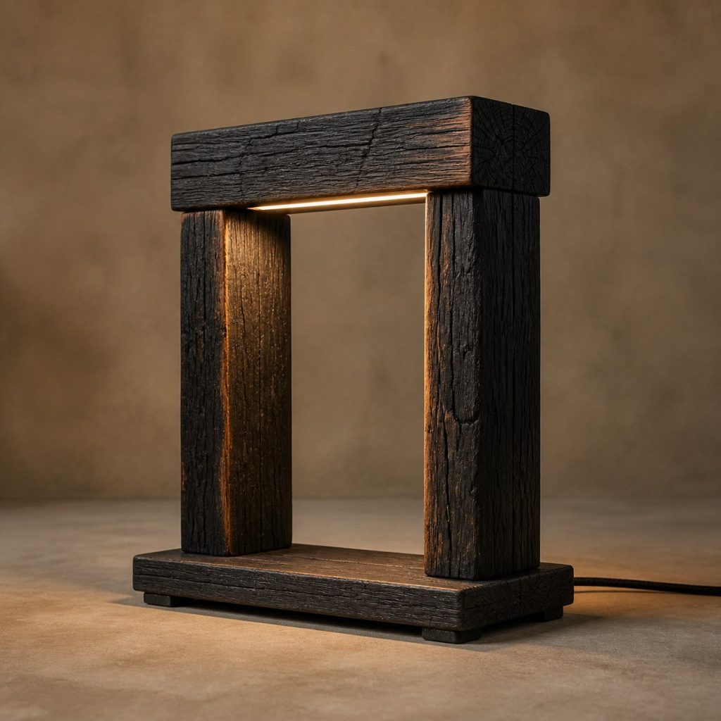 Charred Oak Beam Portal Lamp shown as an original square photorealistic charred wood lamp dominated by authentic wood texture and warm diffused light