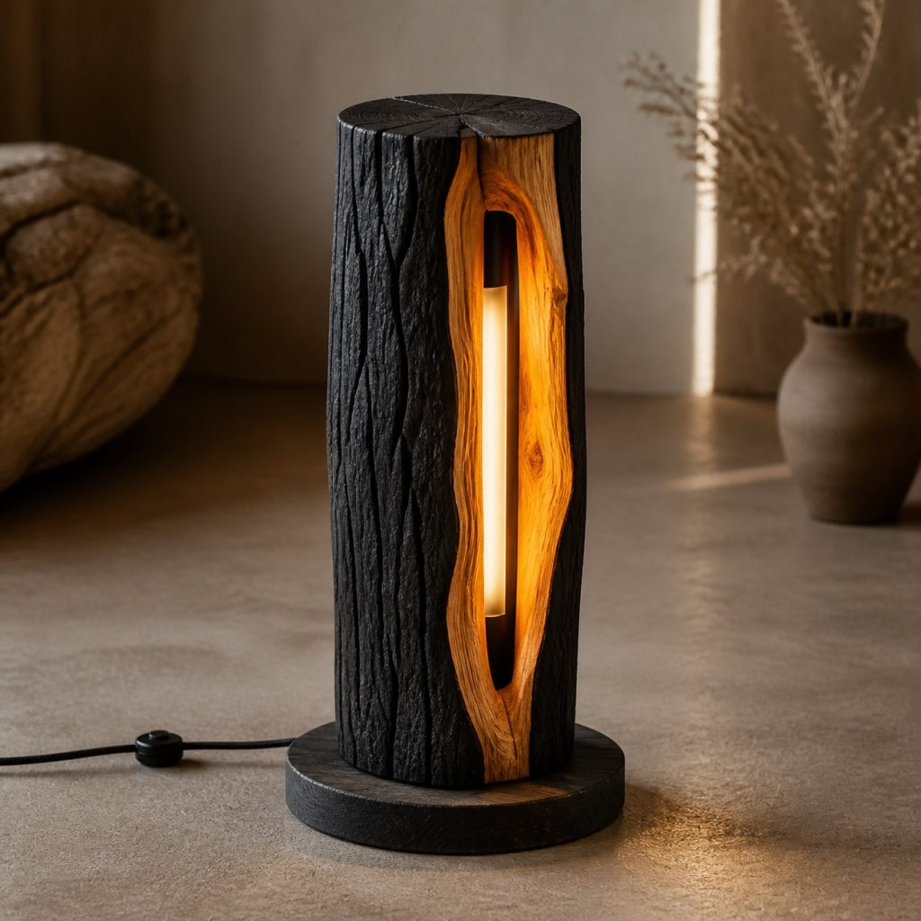 Charred-and-Natural Oak Hollow Lamp shown as an original square photorealistic charred wood lamp dominated by authentic wood texture and warm diffused light