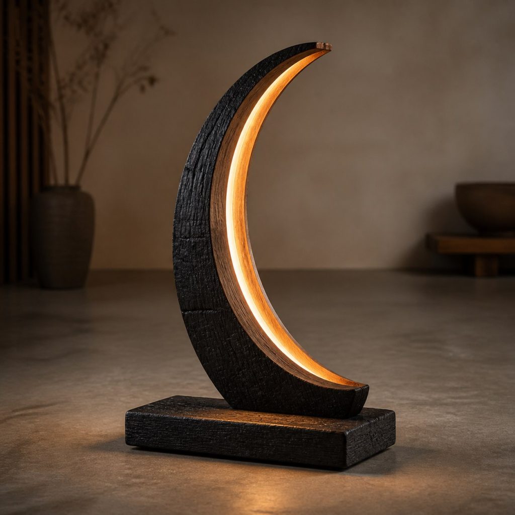 Charred Cedar Crescent Lamp shown as an original square photorealistic charred wood lamp dominated by authentic wood texture and warm diffused light
