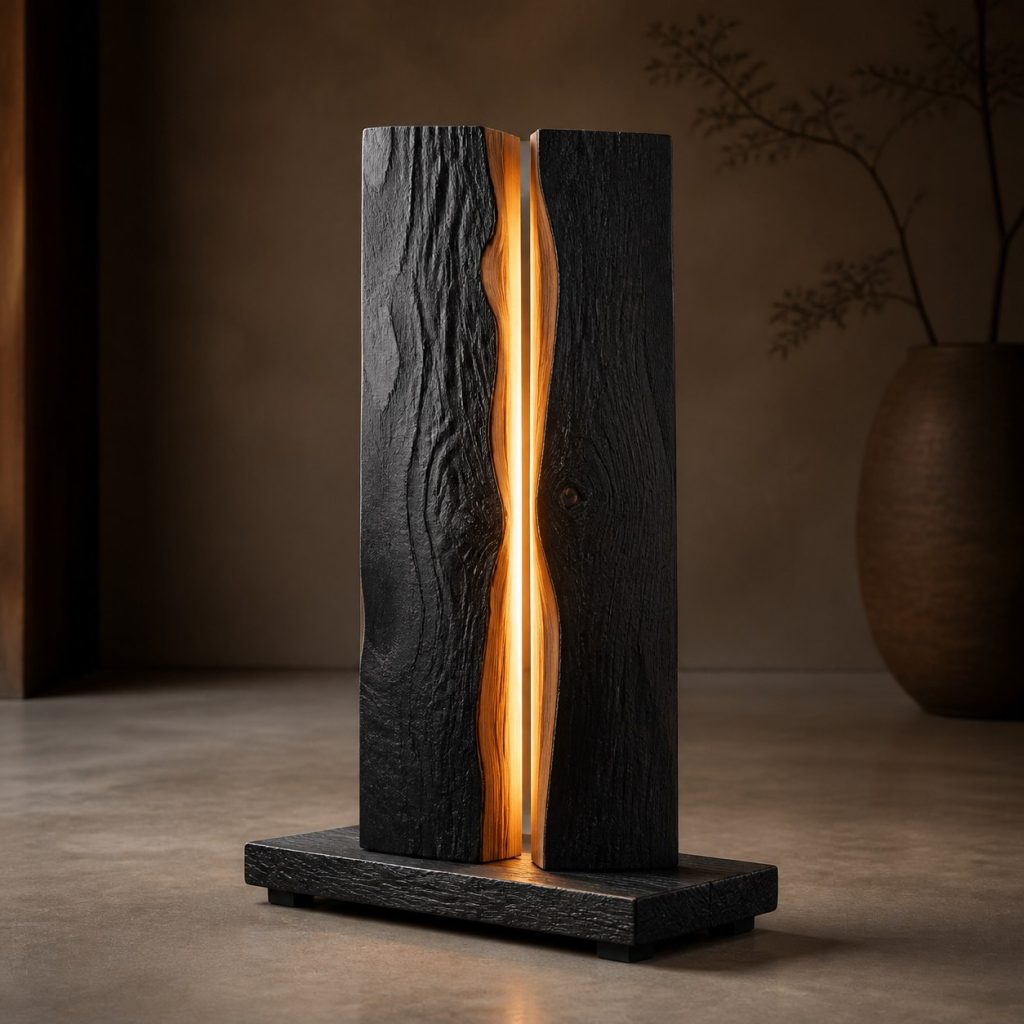Blackened Ash Bookmatched Lamp shown as an original square photorealistic charred wood lamp dominated by authentic wood texture and warm diffused light