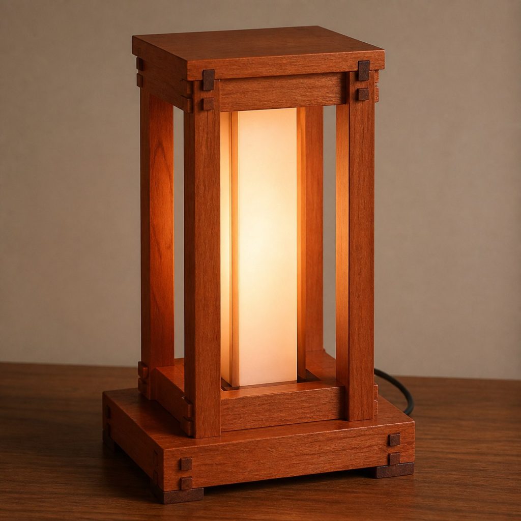 Through-Tenon Cherry Frame Lamp shown as an original square photorealistic cherry wood lamp with authentic grain, warm diffused light, and a short dark power cord