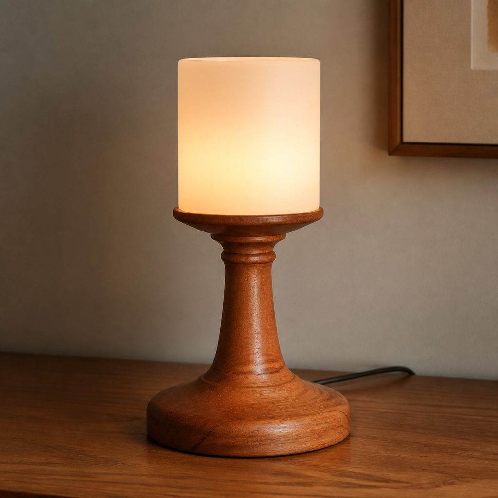 Turned Cherry Bedside Lamp shown as an original square photorealistic cherry wood lamp with authentic grain, warm diffused light, and a short dark power cord