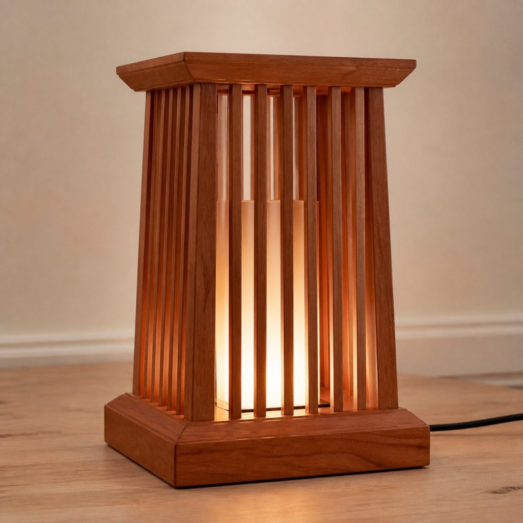 Slatted Cherry Lantern Lamp shown as an original square photorealistic cherry wood lamp with authentic grain, warm diffused light, and a short dark power cord