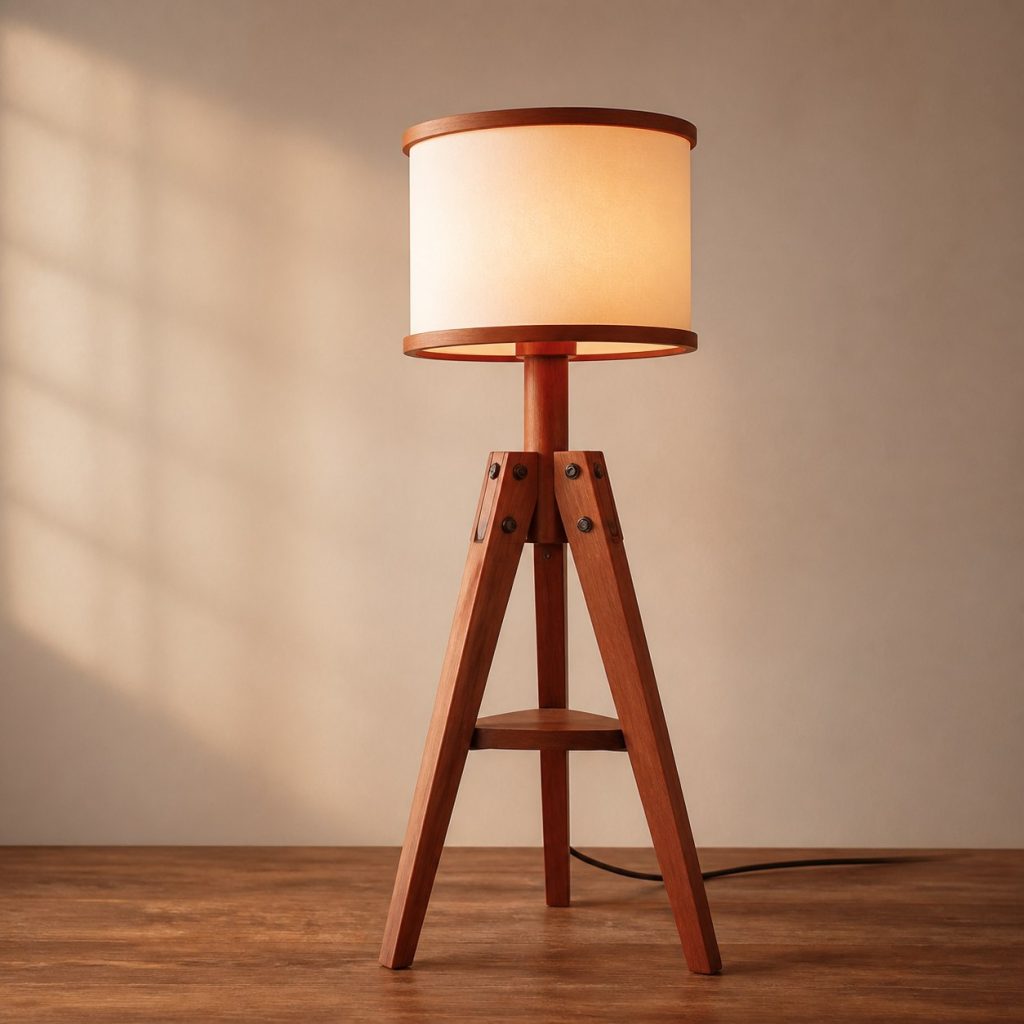 Cherry Tripod Reading Lamp shown as an original square photorealistic cherry wood lamp with authentic grain, warm diffused light, and a short dark power cord