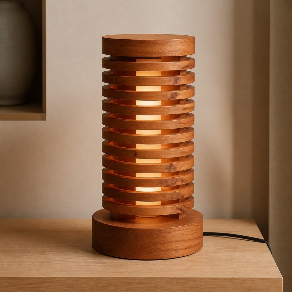 Stacked Cherry Ring Lamp shown as an original square photorealistic cherry wood lamp with authentic grain, warm diffused light, and a short dark power cord