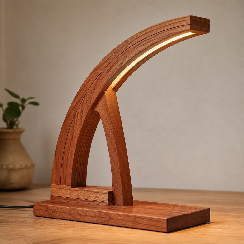 Laminated Cherry Arch Lamp shown as an original square photorealistic cherry wood lamp with authentic grain, warm diffused light, and a short dark power cord