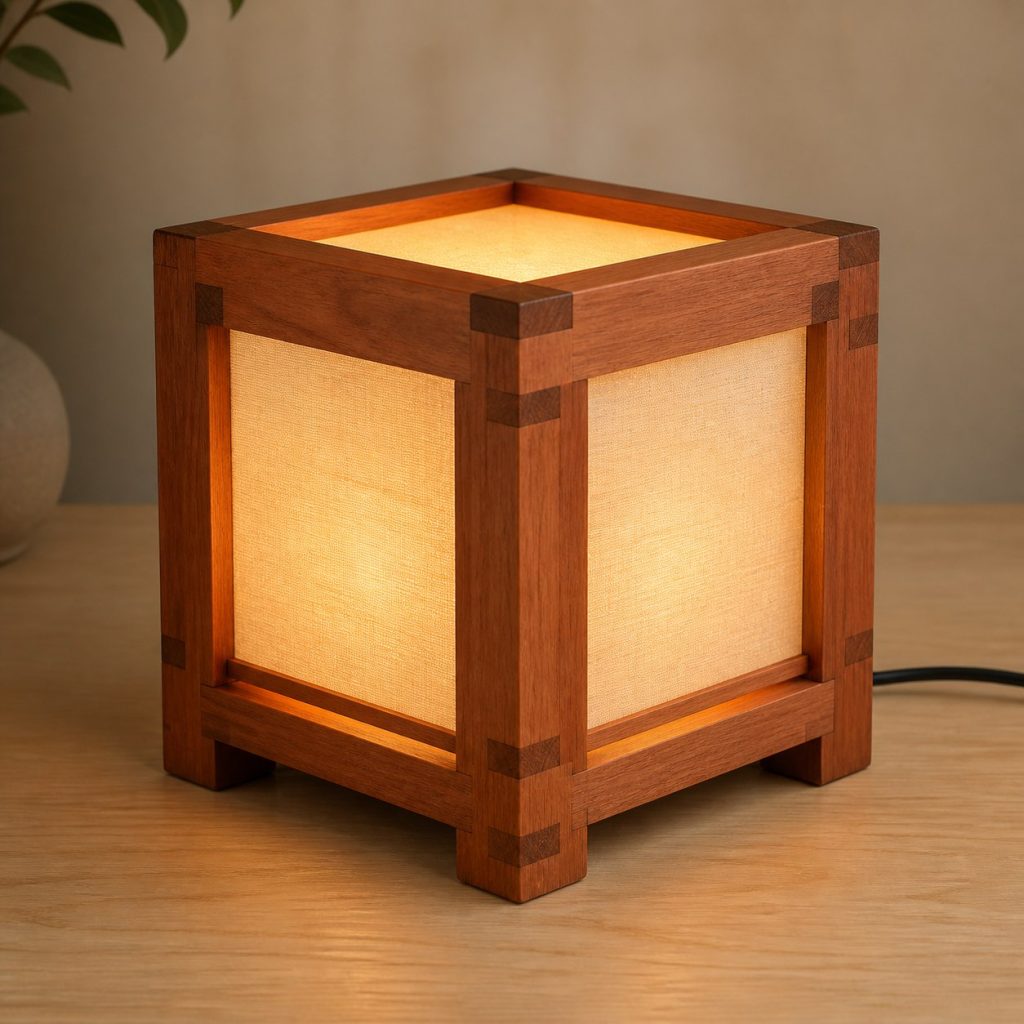 Box-Jointed Cherry Cube Lamp shown as an original square photorealistic cherry wood lamp with authentic grain, warm diffused light, and a short dark power cord