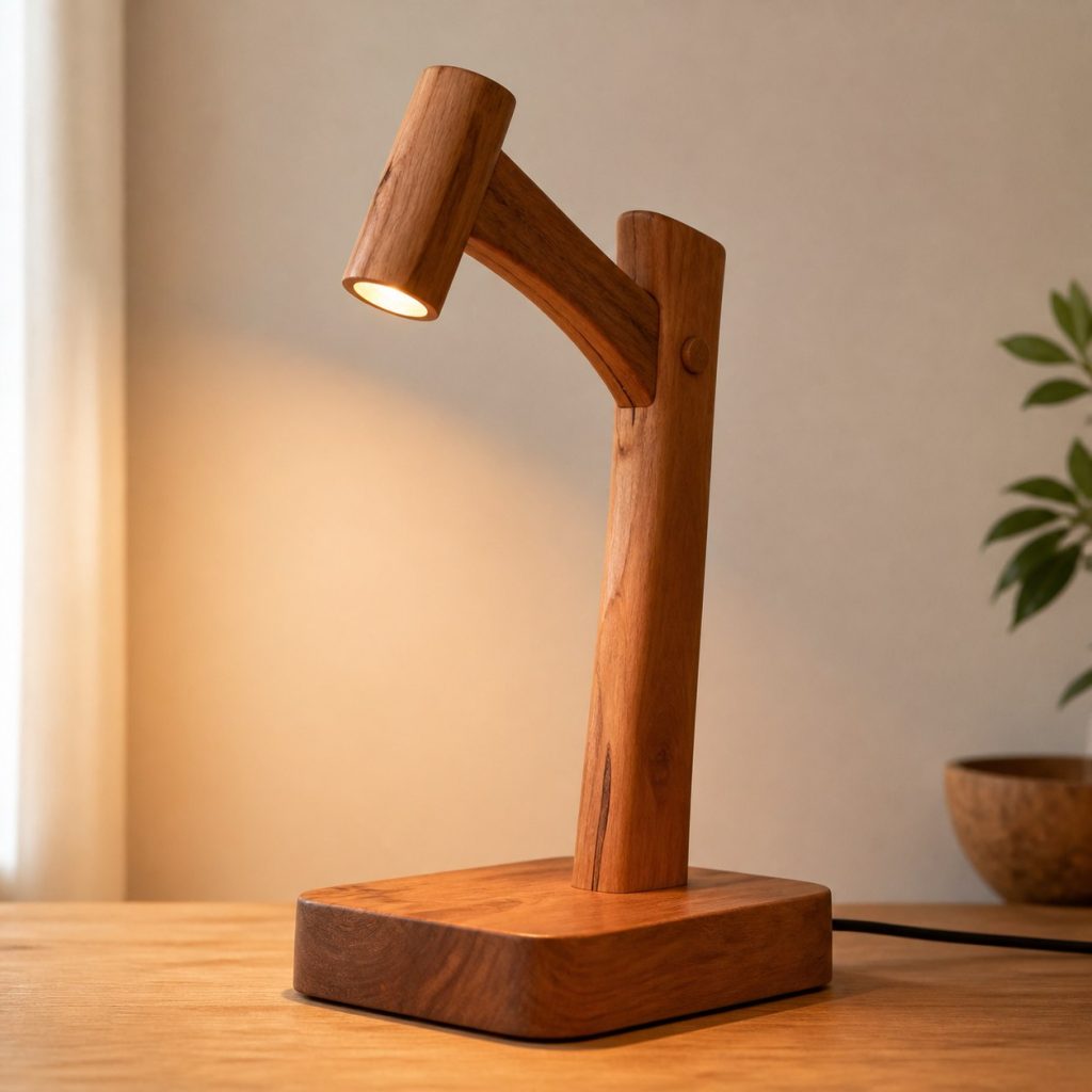 Cherry Branch Reading Lamp shown as an original square photorealistic cherry wood lamp with authentic grain, warm diffused light, and a short dark power cord
