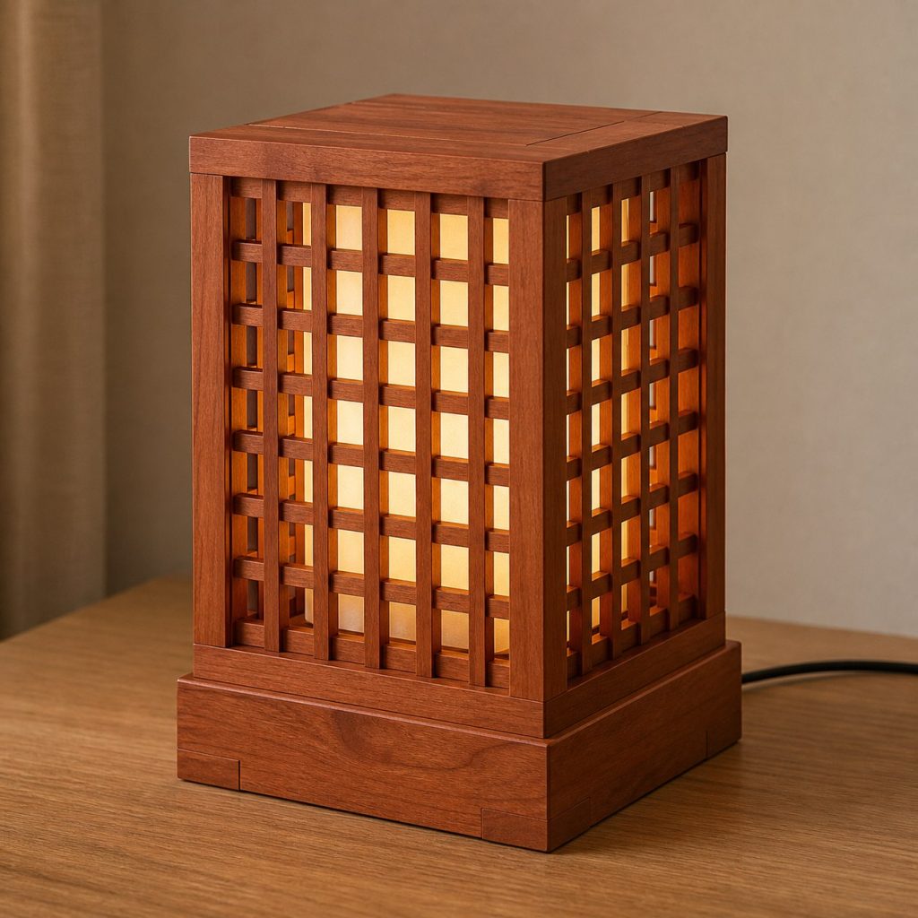 Cherry Lattice Lamp shown as an original square photorealistic cherry wood lamp with authentic grain, warm diffused light, and a short dark power cord