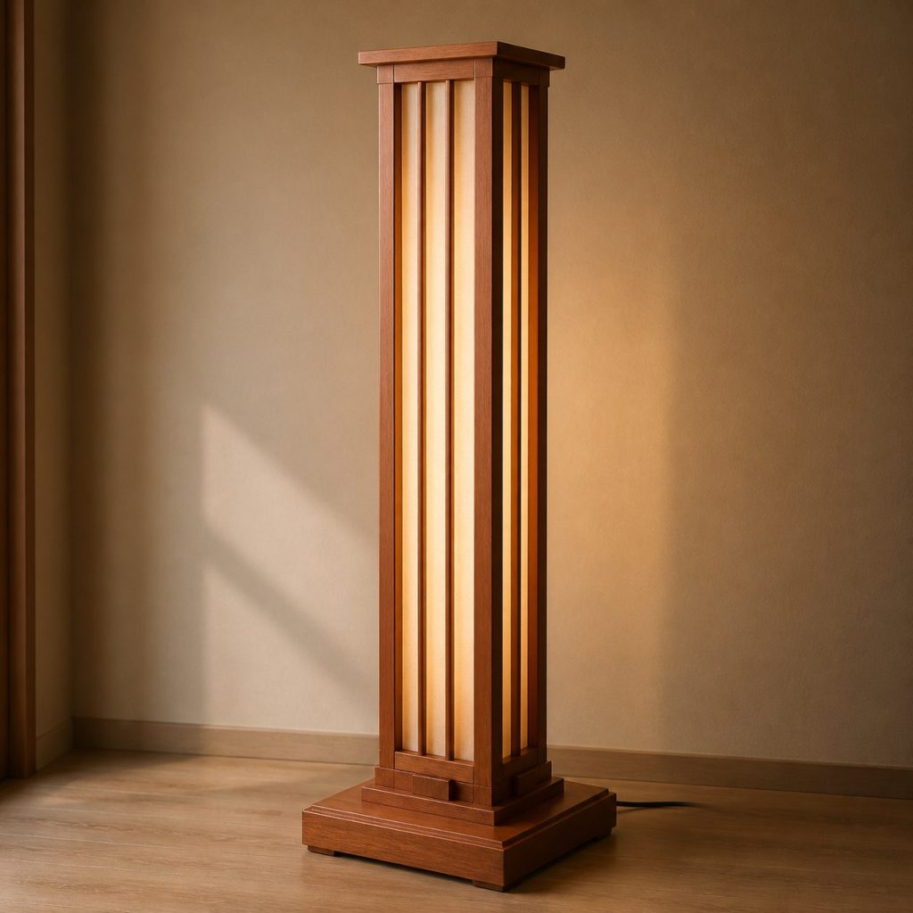Cherry Column Floor Lamp shown as an original square photorealistic cherry wood lamp with authentic grain, warm diffused light, and a short dark power cord