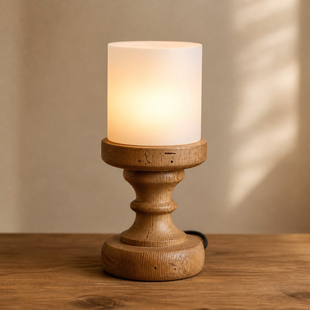Chestnut Turned Bedside Lamp shown as an original square photorealistic chestnut wood lamp with authentic grain, warm diffused light, and a short dark power cord