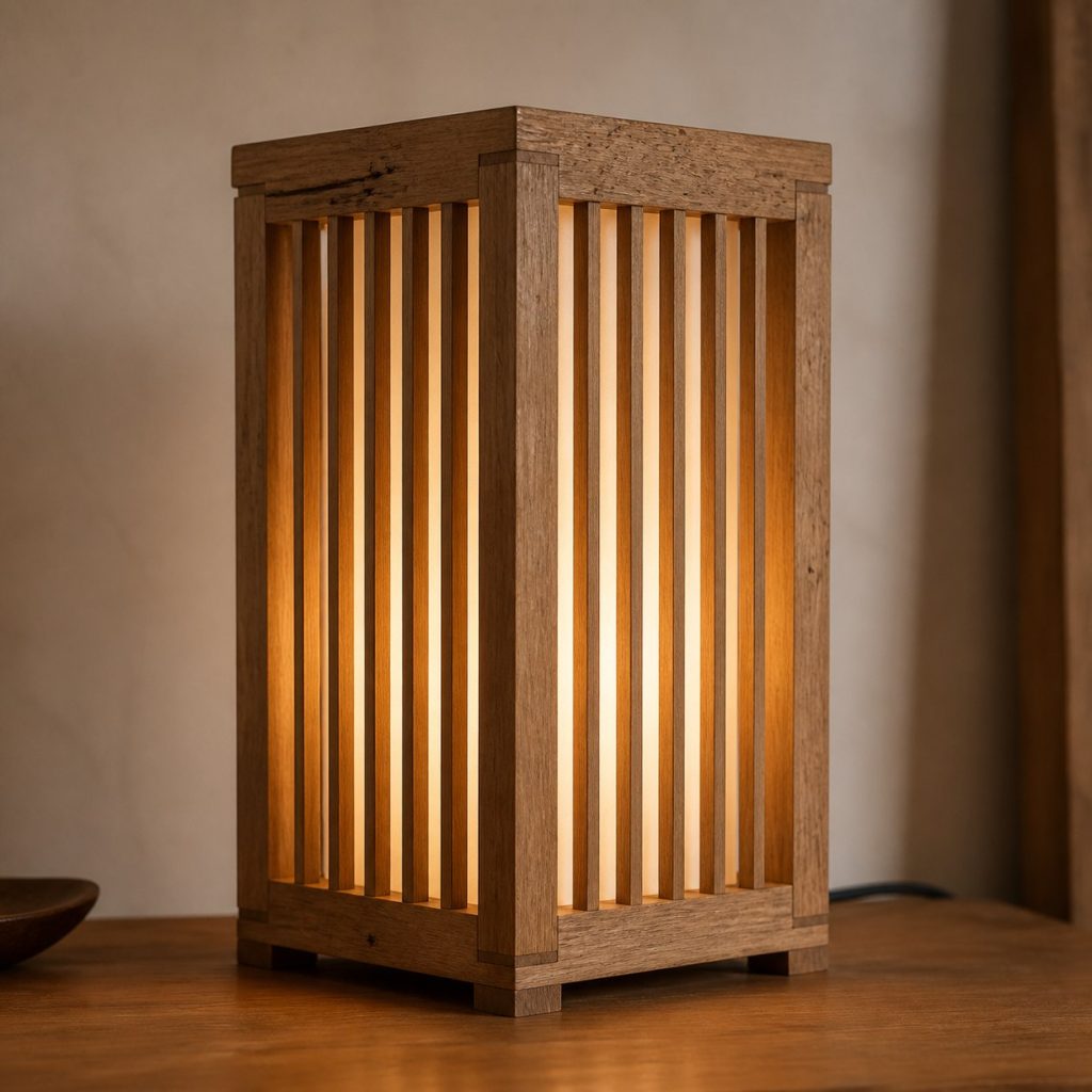 Chestnut Slatted Lantern Lamp shown as an original square photorealistic chestnut wood lamp with authentic grain, warm diffused light, and a short dark power cord