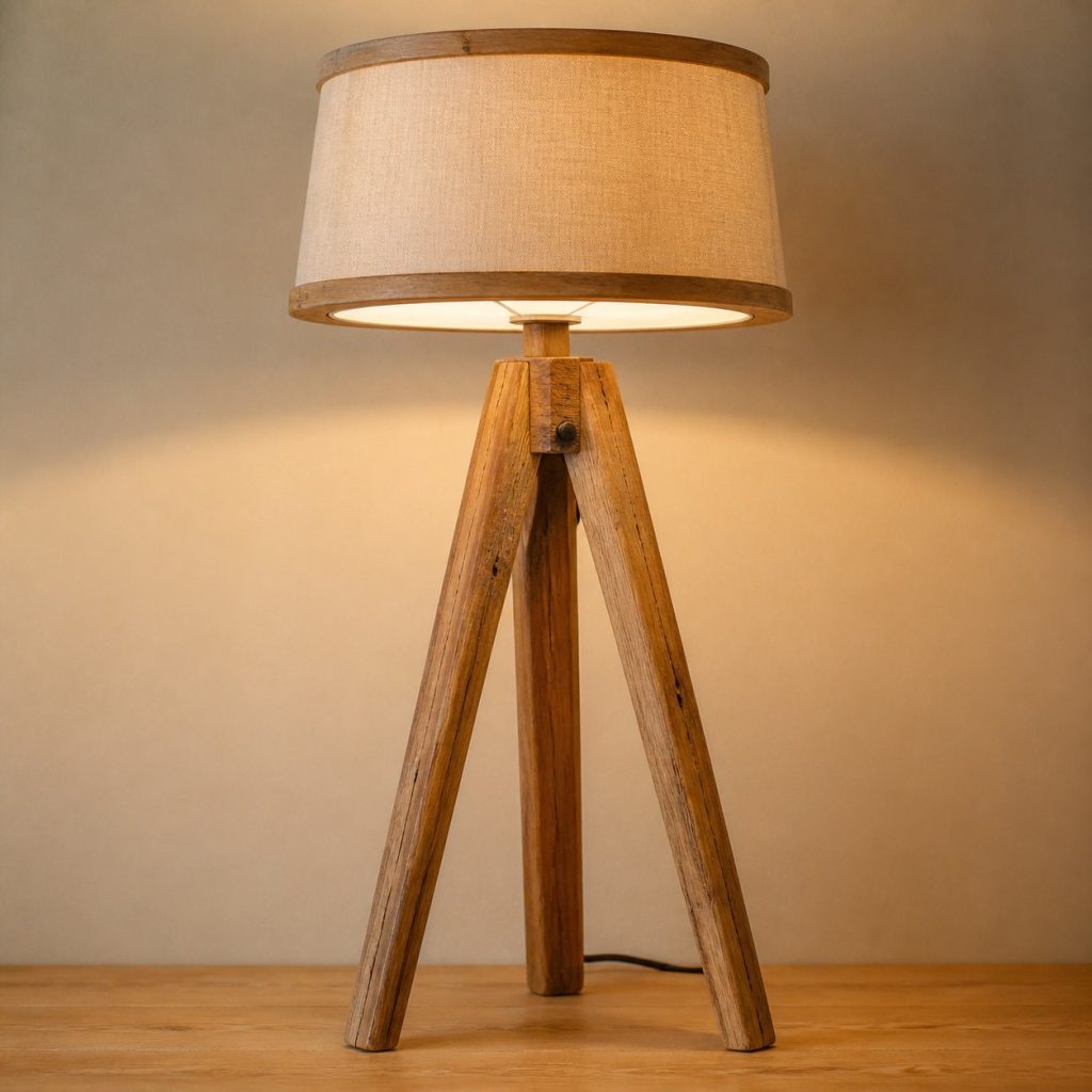 Chestnut Tripod Reading Lamp shown as an original square photorealistic chestnut wood lamp with authentic grain, warm diffused light, and a short dark power cord