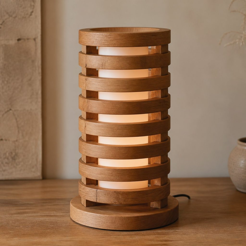 Chestnut Stacked Ring Lamp shown as an original square photorealistic chestnut wood lamp with authentic grain, warm diffused light, and a short dark power cord