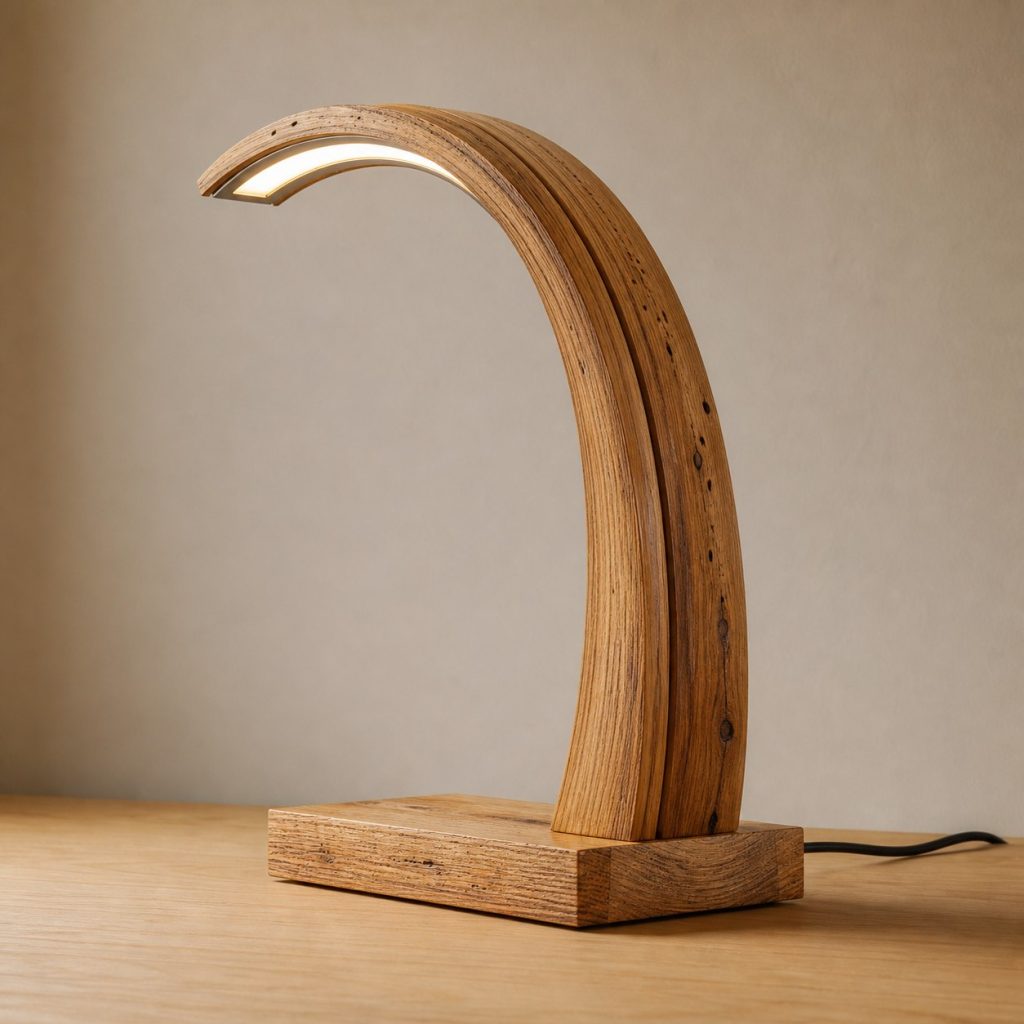 Chestnut Laminated Arch Lamp shown as an original square photorealistic chestnut wood lamp with authentic grain, warm diffused light, and a short dark power cord
