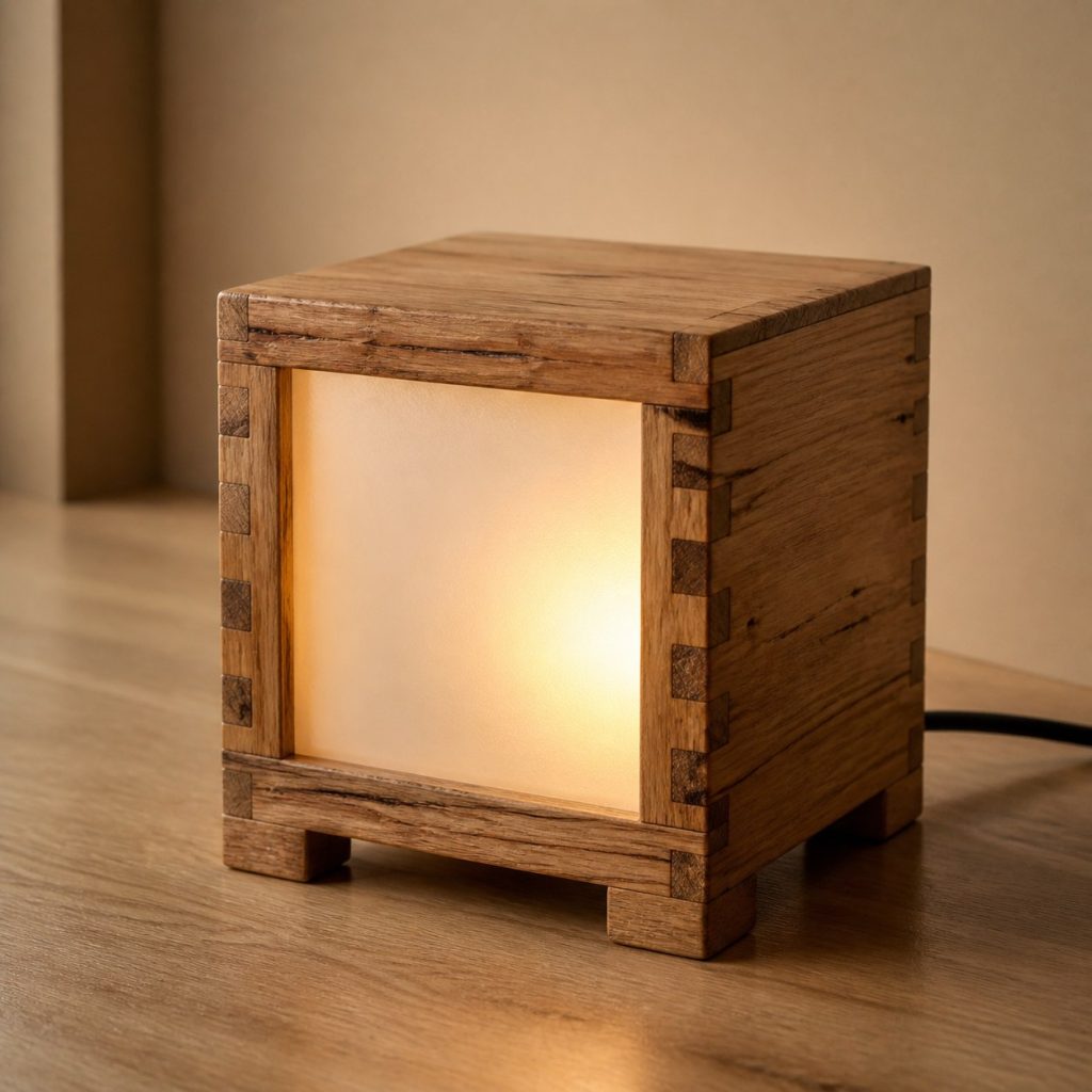 Chestnut Box-Jointed Cube Lamp shown as an original square photorealistic chestnut wood lamp with authentic grain, warm diffused light, and a short dark power cord