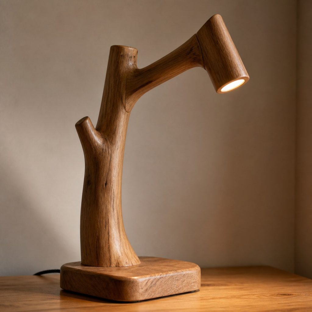 Chestnut Branch Reading Lamp shown as an original square photorealistic chestnut wood lamp with authentic grain, warm diffused light, and a short dark power cord