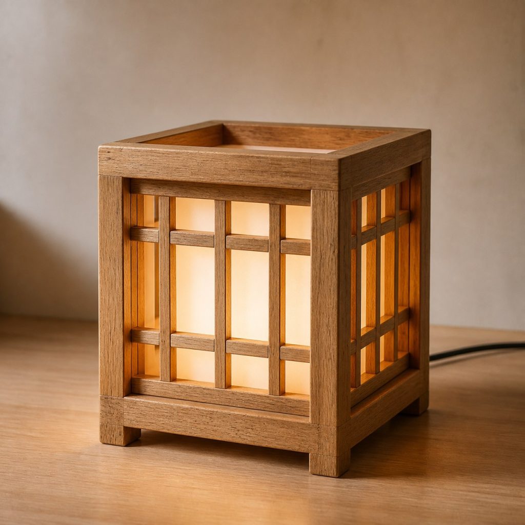 Chestnut Lattice Lamp shown as an original square photorealistic chestnut wood lamp with authentic grain, warm diffused light, and a short dark power cord
