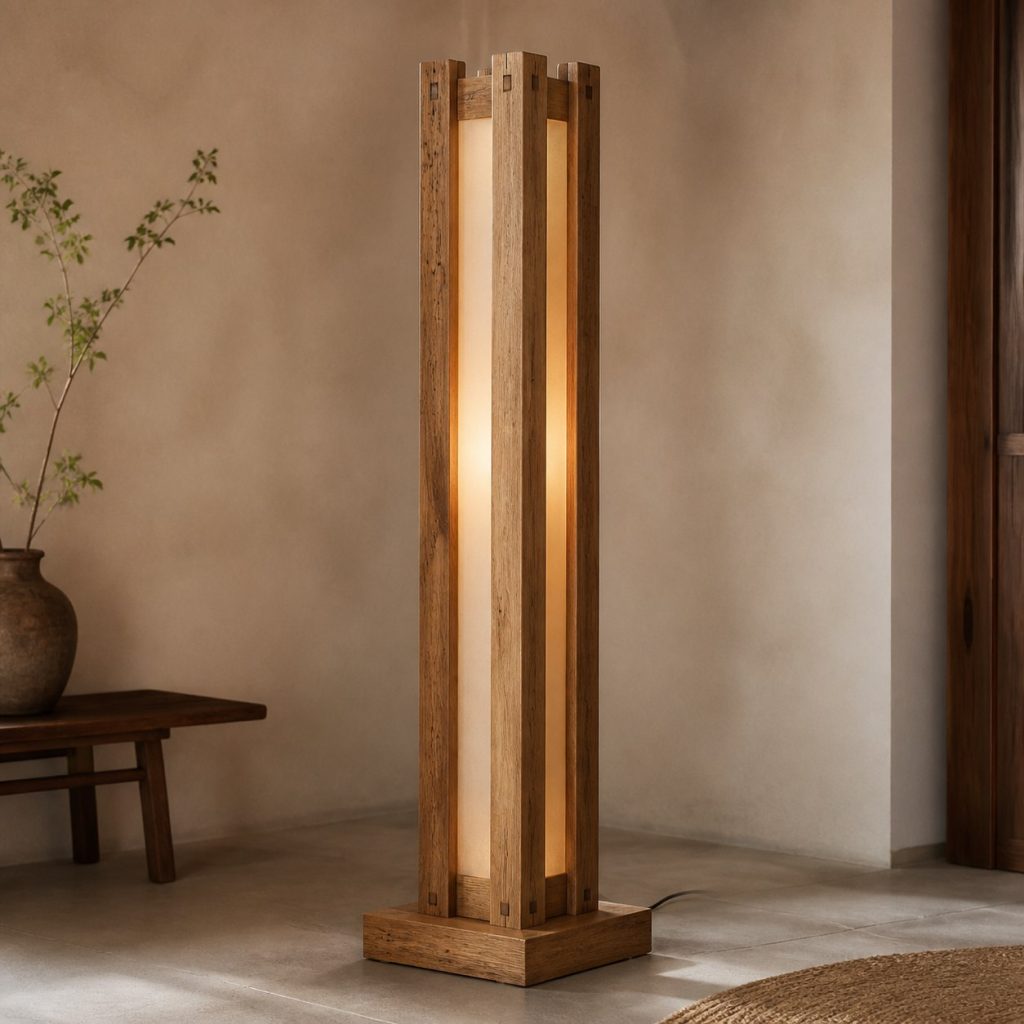 Chestnut Column Floor Lamp shown as an original square photorealistic chestnut wood lamp with authentic grain, warm diffused light, and a short dark power cord