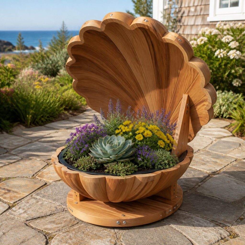 Compact Succulent Shell shown as a square photorealistic cedar clam shell-shaped garden planter filled with flowers