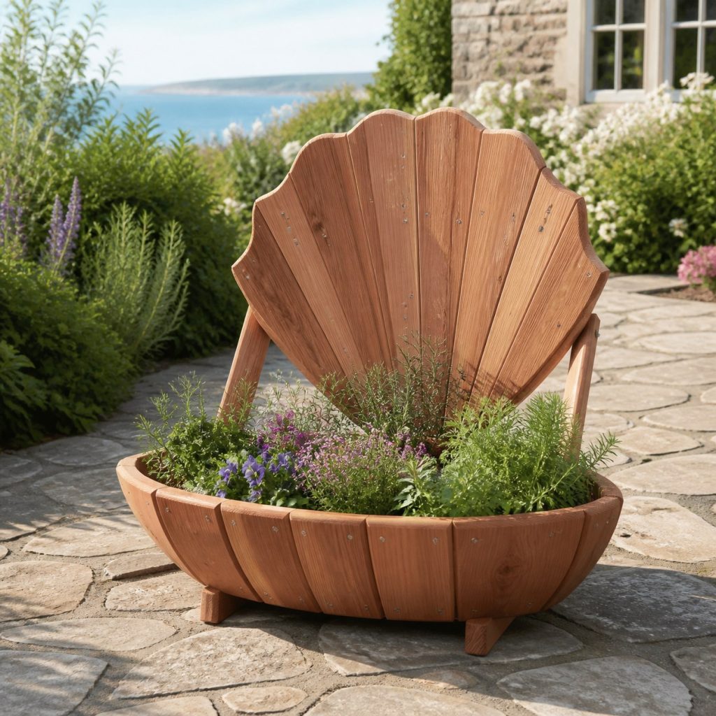 Fan-Ribbed Herb Planter shown as a square photorealistic cedar clam shell-shaped garden planter filled with flowers