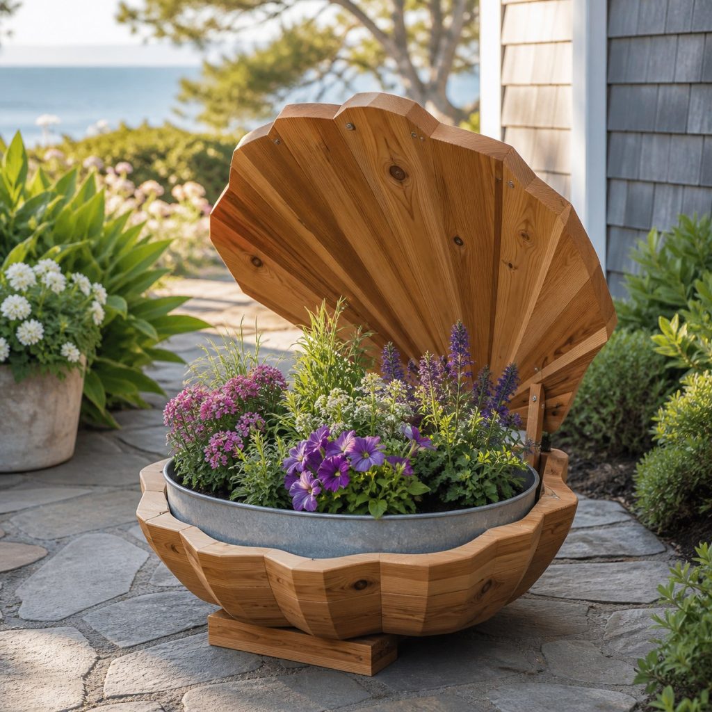Clam Shell with Galvanized Liner shown as a square photorealistic cedar clam shell-shaped garden planter filled with flowers