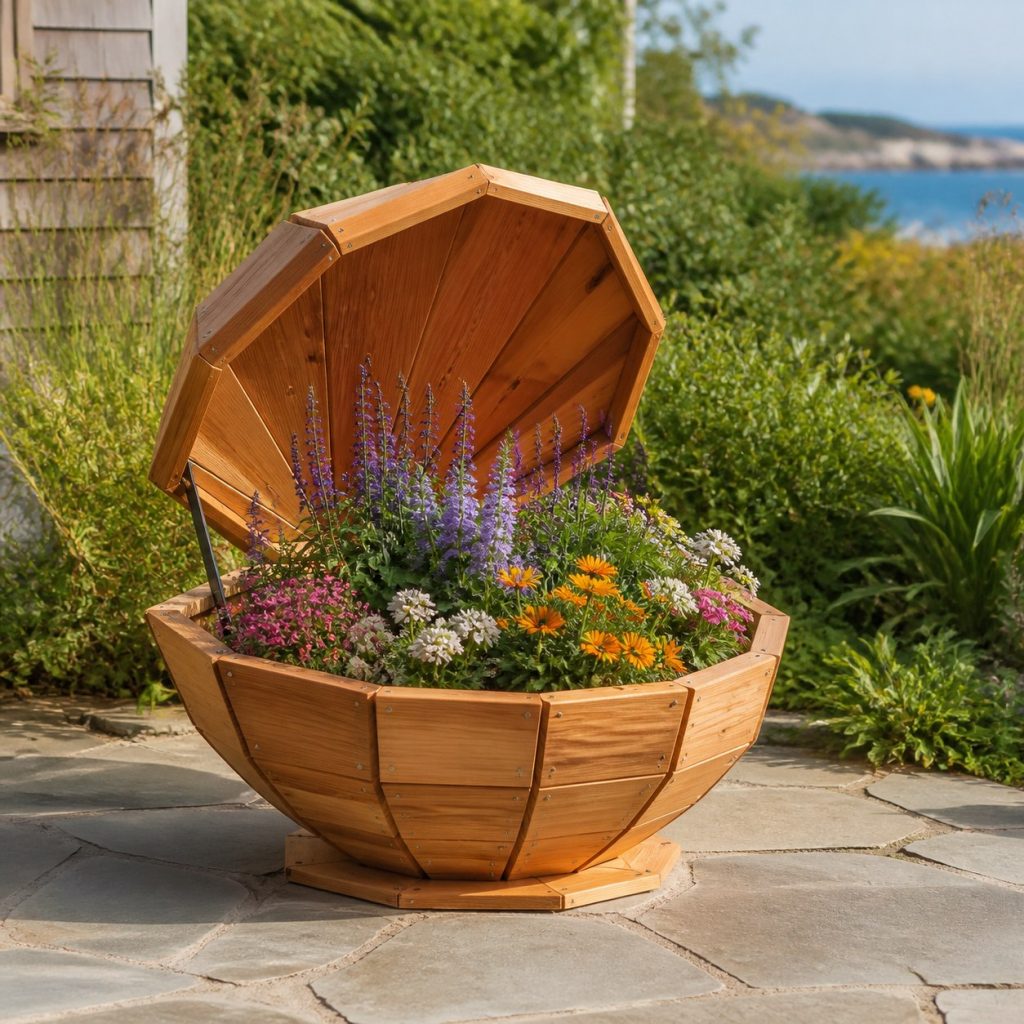 Modern Geometric Clam Shell shown as a square photorealistic cedar clam shell-shaped garden planter filled with flowers
