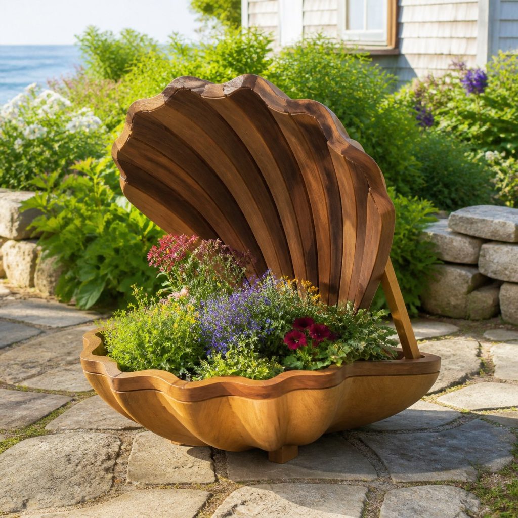 Two-Tone Cedar Clam Shell shown as a square photorealistic cedar clam shell-shaped garden planter filled with flowers