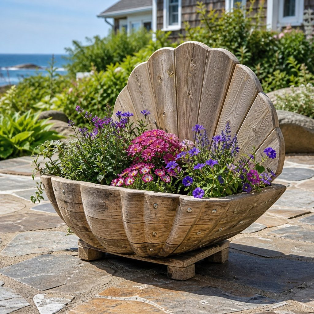 Weathered Cottage Clam Shell shown as a square photorealistic cedar clam shell-shaped garden planter filled with flowers