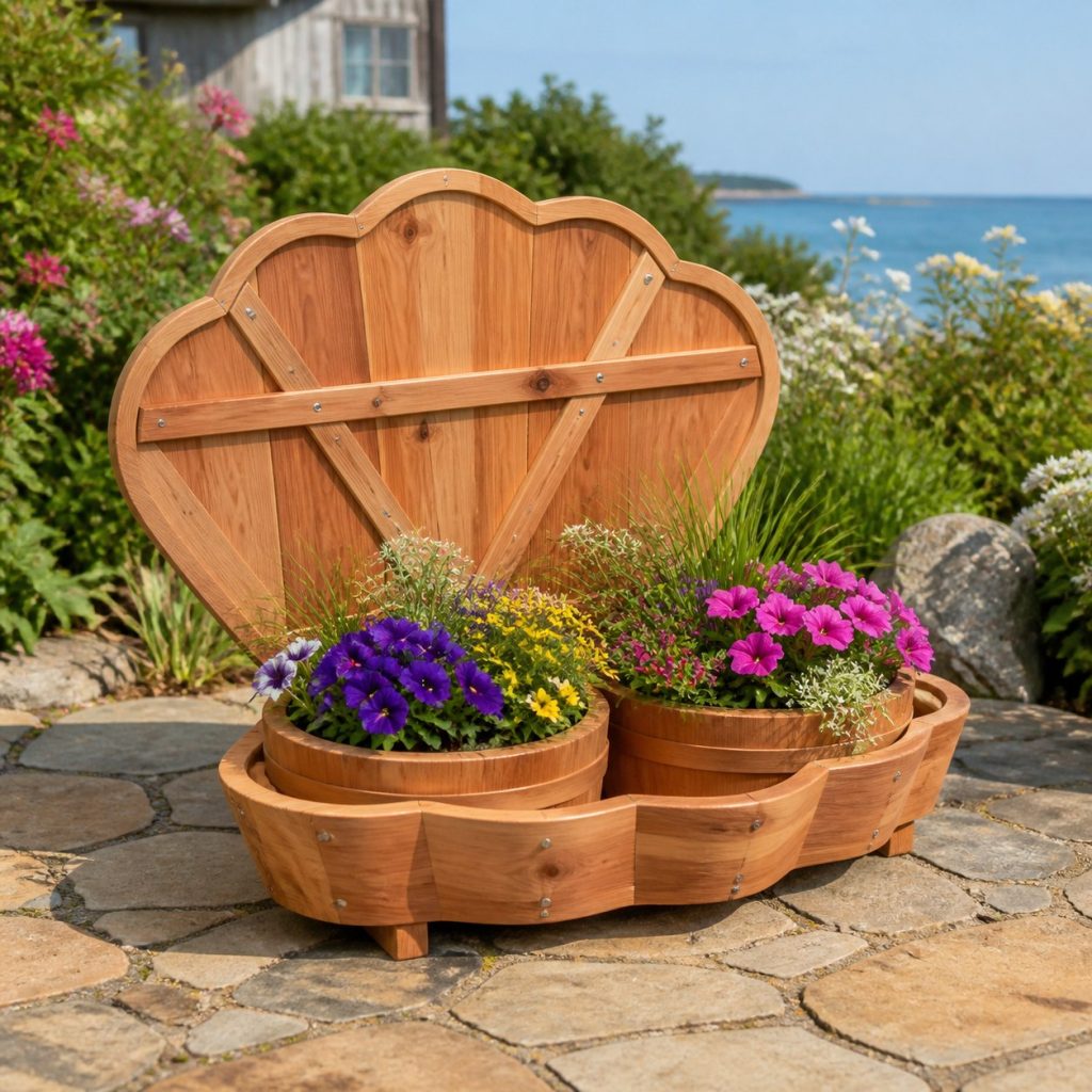 Clam Shell with Twin Flower Pots shown as a square photorealistic cedar clam shell-shaped garden planter filled with flowers