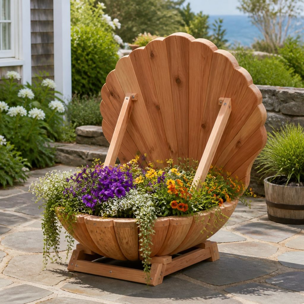 Trailing-Flower Clam Shell shown as a square photorealistic cedar clam shell-shaped garden planter filled with flowers