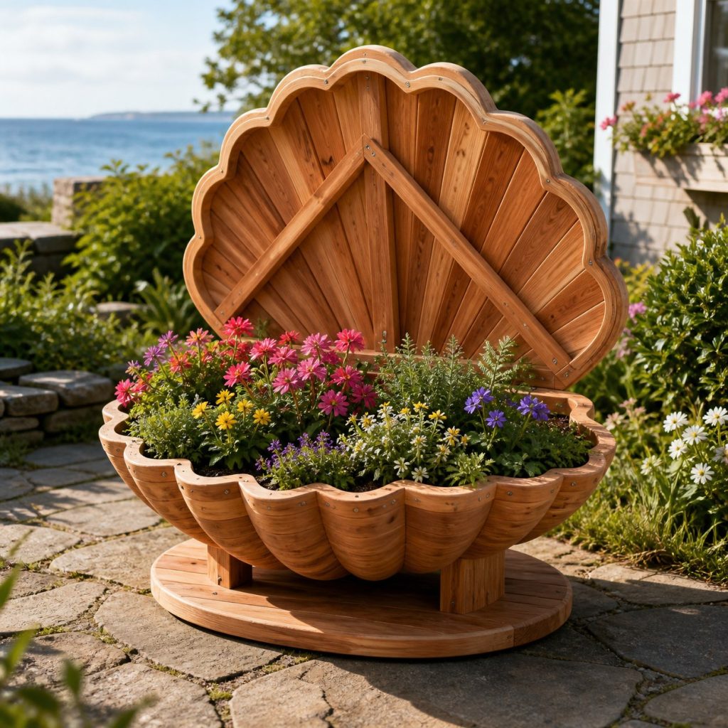 Large Grass-Filled Clam Shell shown as a square photorealistic cedar clam shell-shaped garden planter filled with flowers