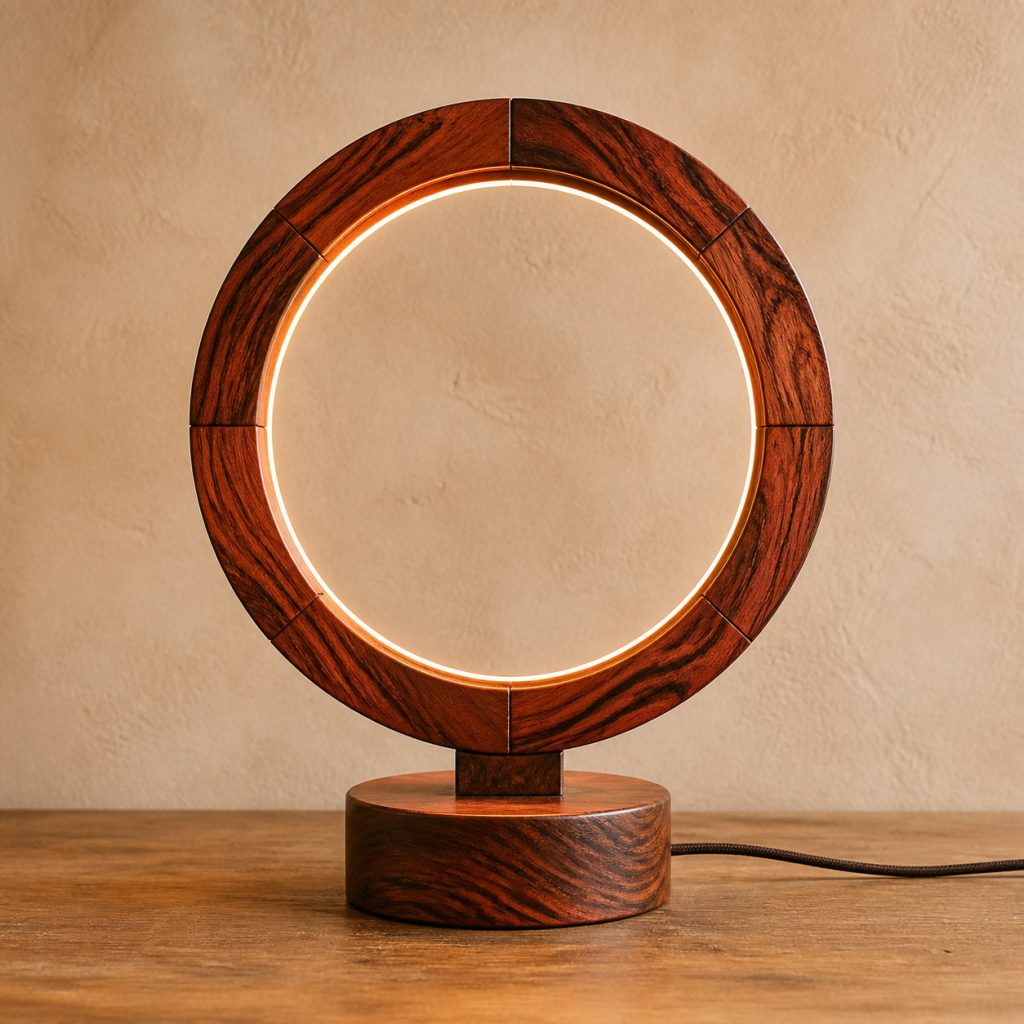 Cocobolo Segmented-Halo Lamp shown as an original square photorealistic cocobolo lamp with natural orange, red, brown, and black variegated grain, distinctive construction, and warm diffused light