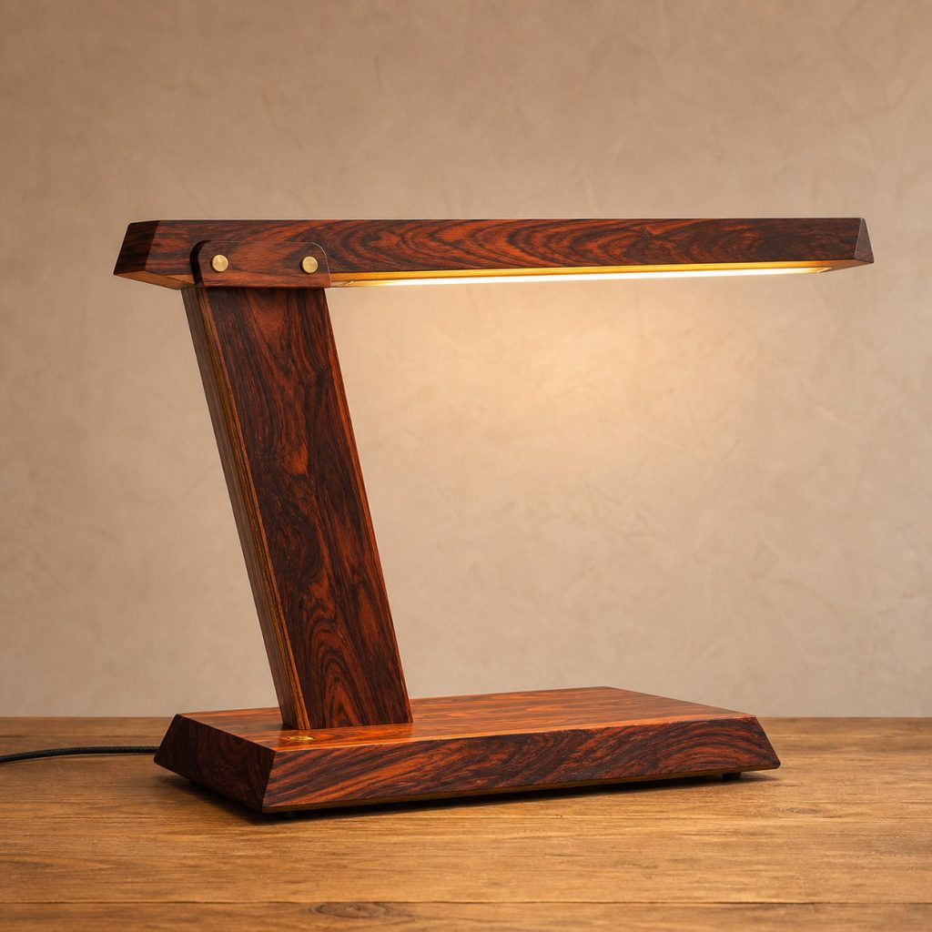 Cocobolo Cantilever-Shelf Lamp shown as an original square photorealistic cocobolo lamp with natural orange, red, brown, and black variegated grain, distinctive construction, and warm diffused light