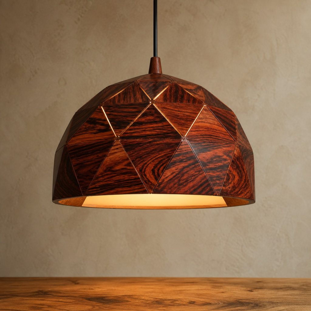 Cocobolo Faceted-Dome Pendant shown as an original square photorealistic cocobolo lamp with natural orange, red, brown, and black variegated grain, distinctive construction, and warm diffused light
