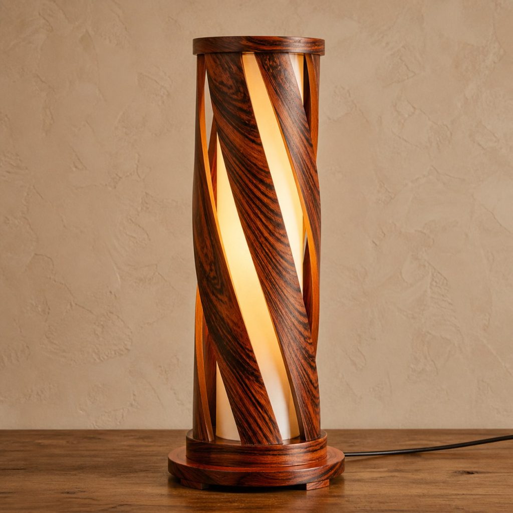 Cocobolo Spiral-Vane Tower shown as an original square photorealistic cocobolo lamp with natural orange, red, brown, and black variegated grain, distinctive construction, and warm diffused light