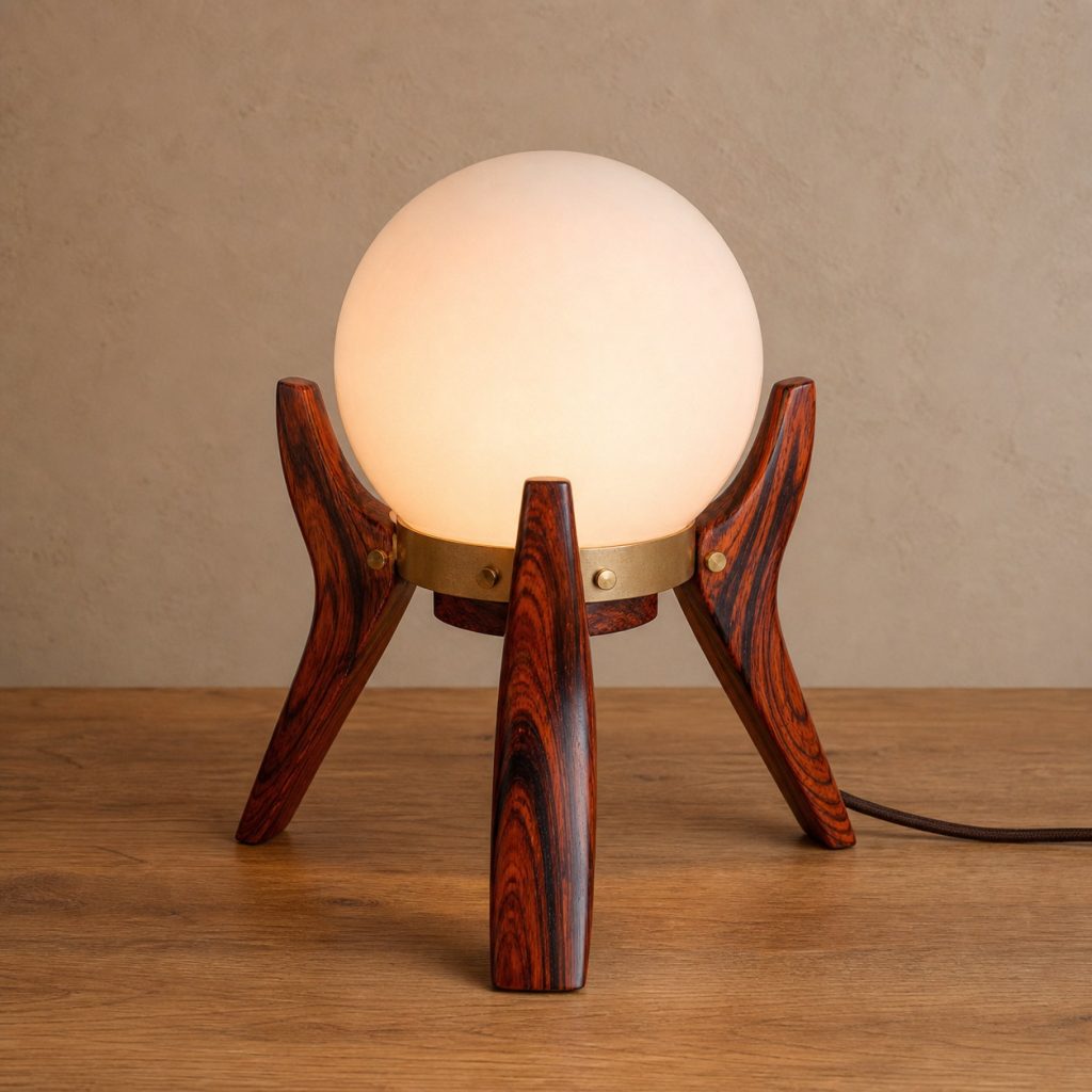 Cocobolo Tripod-Orb Lamp shown as an original square photorealistic cocobolo lamp with natural orange, red, brown, and black variegated grain, distinctive construction, and warm diffused light