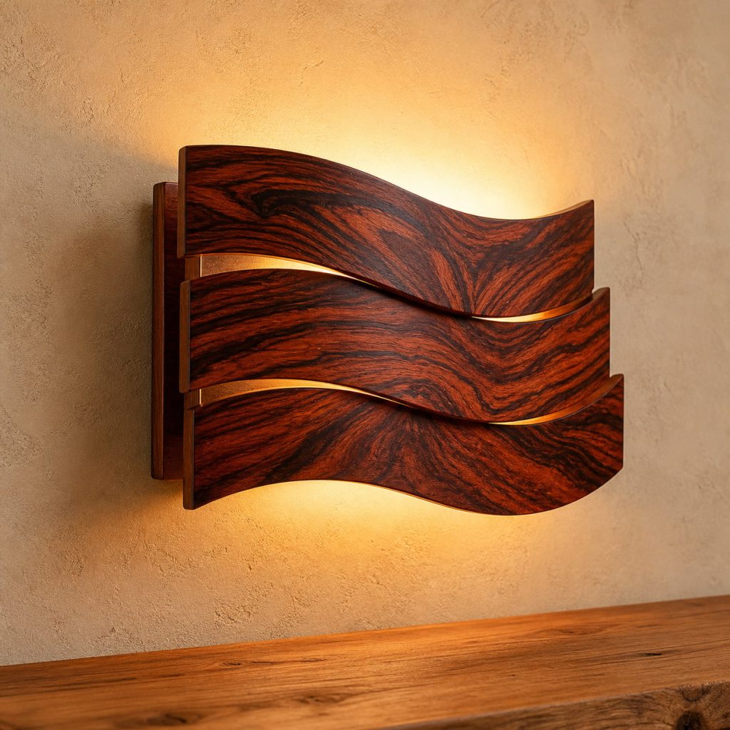 Cocobolo Layered-Wave Sconce shown as an original square photorealistic cocobolo lamp with natural orange, red, brown, and black variegated grain, distinctive construction, and warm diffused light