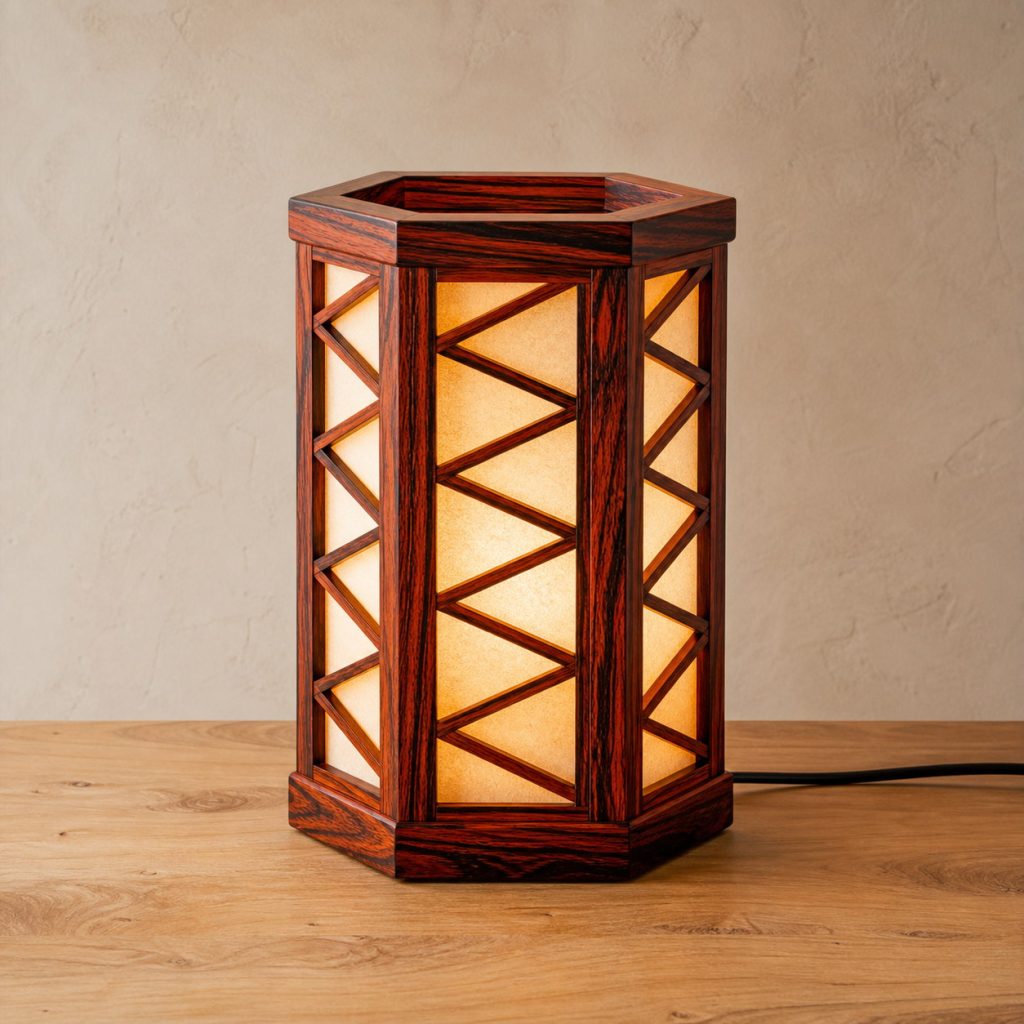 Cocobolo Hexagonal-Lattice Lamp shown as an original square photorealistic cocobolo lamp with natural orange, red, brown, and black variegated grain, distinctive construction, and warm diffused light