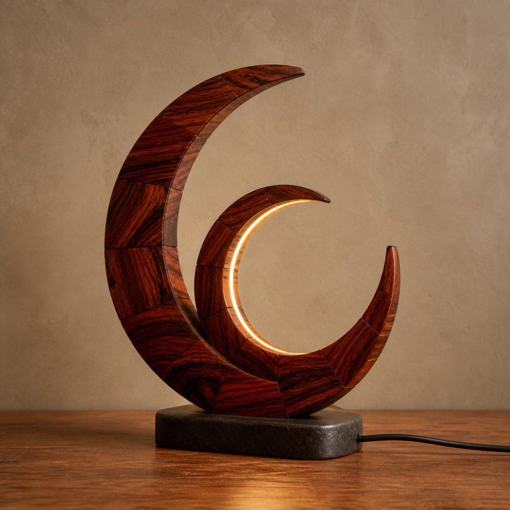 Cocobolo Double-Crescent Lamp shown as an original square photorealistic cocobolo lamp with natural orange, red, brown, and black variegated grain, distinctive construction, and warm diffused light