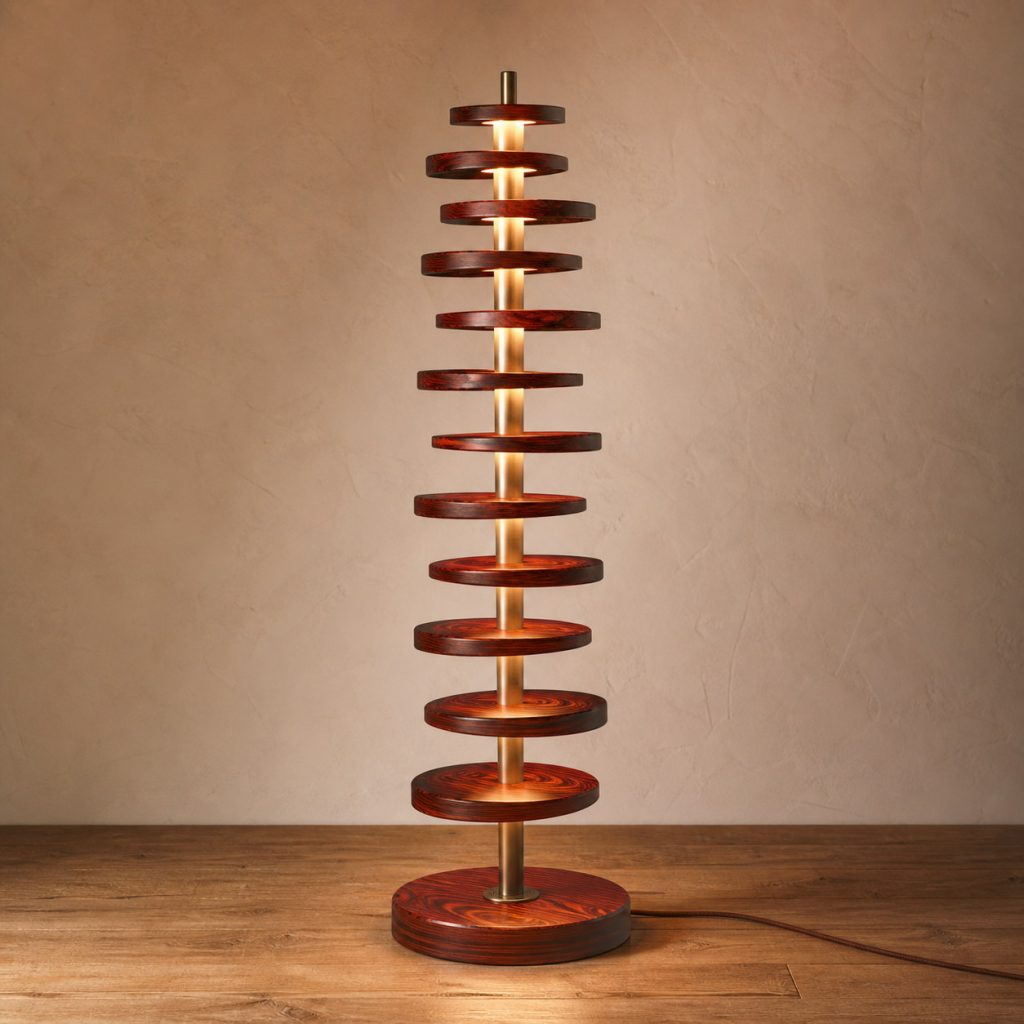 Cocobolo Stacked-Disc Totem shown as an original square photorealistic cocobolo lamp with natural orange, red, brown, and black variegated grain, distinctive construction, and warm diffused light