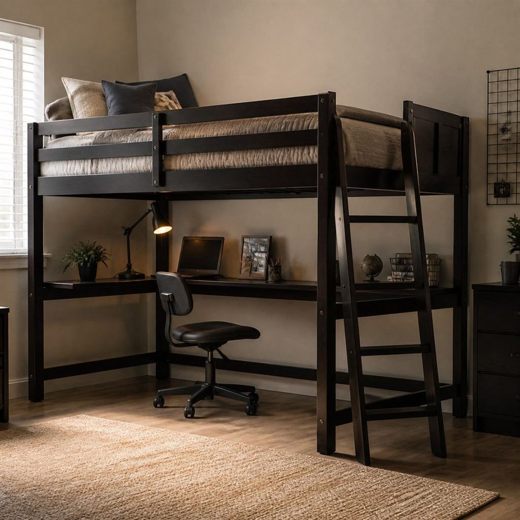 Oak Bunk with Pull-Out Guest Trundle shown in a square photorealistic convertible bunk bed room visualization