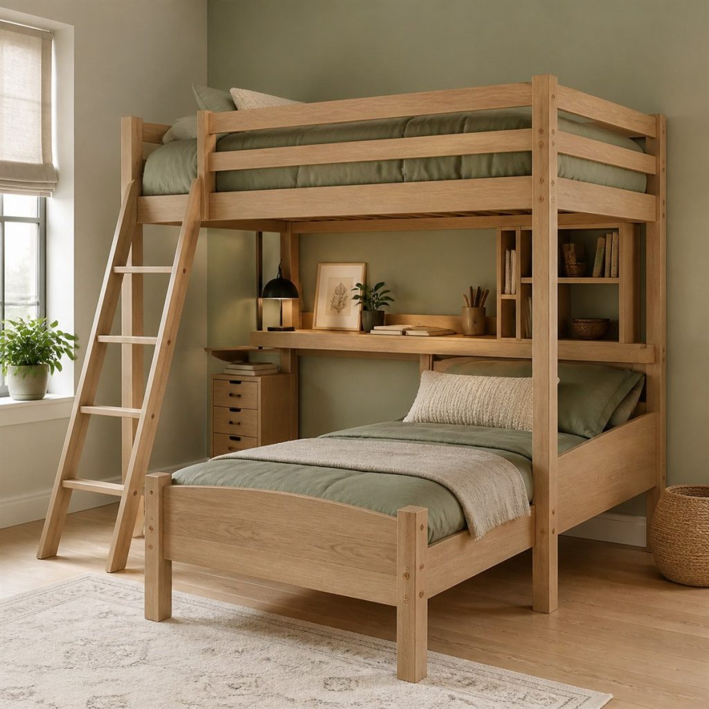 Walnut Twin-over-Full Convertible Frame shown in a square photorealistic convertible bunk bed room visualization