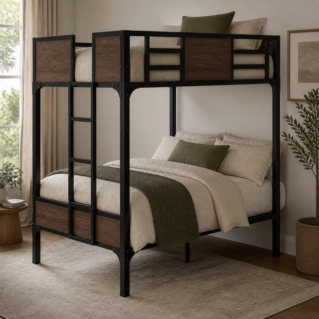 Black Metal Bunk with Removable Lower Bed shown in a square photorealistic convertible bunk bed room visualization